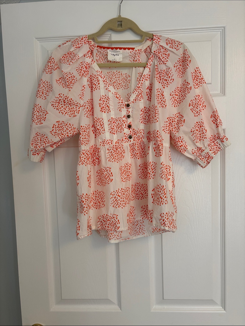 Anthropologie White Blouse with Coral Print